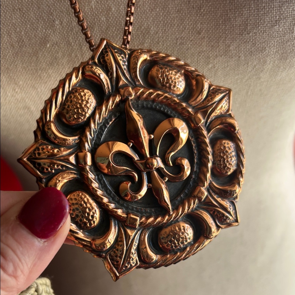 Vintage Renoir French Fleur de Lis Copper Pendant Statement Necklace